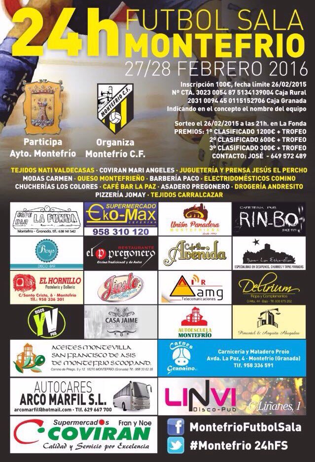 Montefrio_24hFS's tweet photo. Últimas plazas!!!
24 Horas Montefrio Fútbol Sala https://t.co/39qGtnh9FW