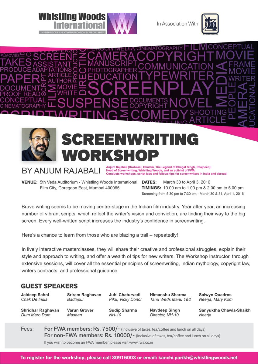 Whistling_Woods's tweet image. #ScreenwritingWorkshop March30-April3. To register,call 022-30916003 or write to, kanchi.parikh@whistlingwoods.net