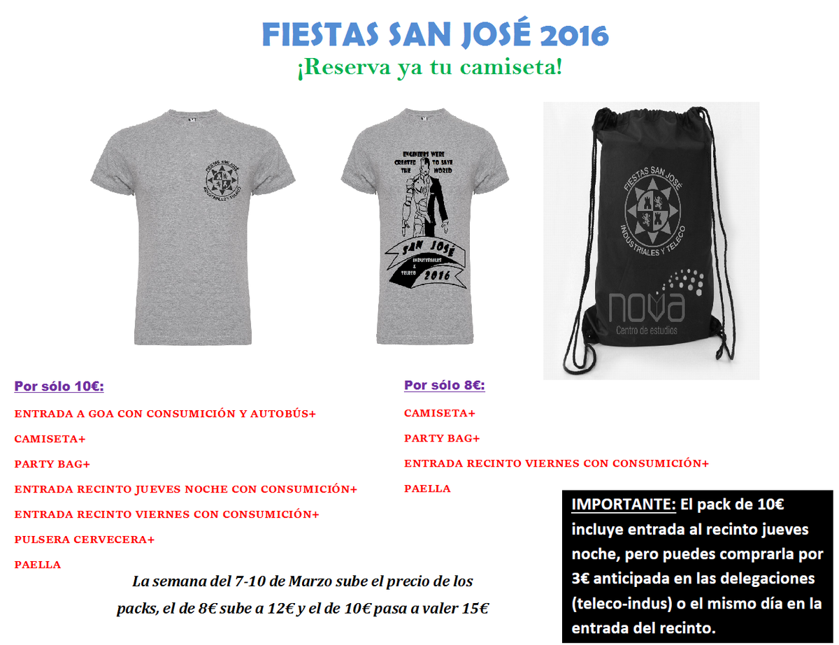 SanJoseUPCT's tweet photo. ¡Ya tenemos los packs de fiestas #SanJose2016! A partir del lunes en @DEETSII_UPCT y @DelegacionETSIT. @UPCTnoticias https://t.co/rB0k4z4KCd
