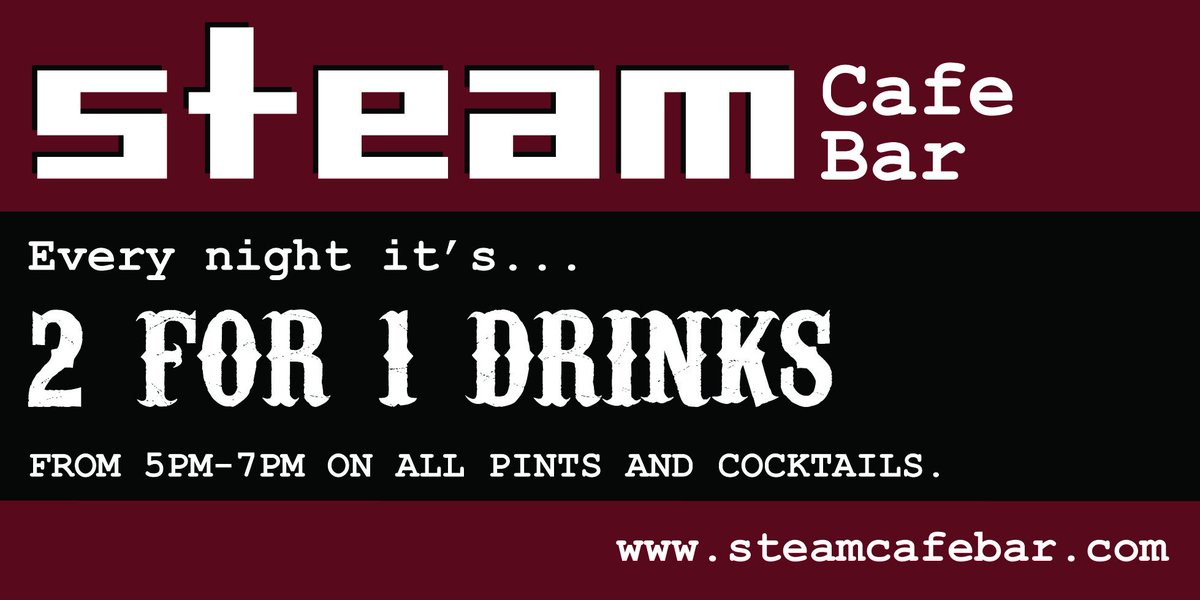 SteamCafeBar's tweet photo. Every night from 5-7 its Beer O'Clock. Come and enjoy 2-4-1 on Pints and Cocktails. Aren't we nice? #BudgetBristol https://t.co/d0Ld7yKkB4
