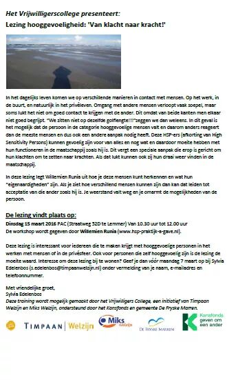 MaStZWF's tweet photo. Lezing hooggevoeligheid op dinsdag 15 maart in #Lemmer. #vrijwilligerscollege @gemeenteDFM #timpaanwelzijn https://t.co/todfF9ALVE