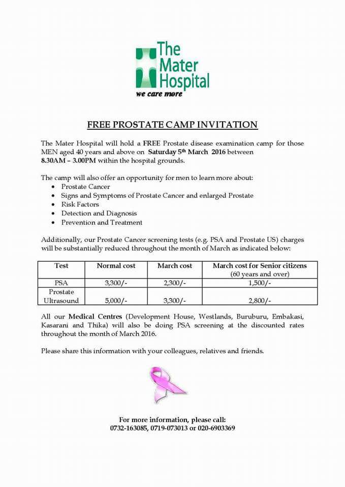 FREE prostate cancer examination camp <a href="/materkenya/">Mater Misericordiae Hospital</a> cc <a href="/ntvkenya/">NTV Kenya</a> <a href="/citizentvkenya/">Citizen TV Kenya</a> <a href="/KTNNews/">KTN News</a> <a href="/K24Tv/">K24TV</a> <a href="/cackenya/">Cancer Awareness Centre of Kenya</a> <a href="/KENCASA/">Ken.casa</a>