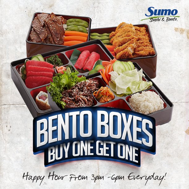 sumosushibento's tweet photo. Buy 1 Get 1, Only at select Locations, please visit our FB page for more details, Dine In Only. #BOGO #SumoNow https://t.co/Y81u1tcuRJ