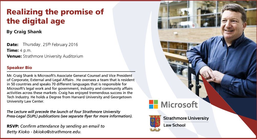 StrathU's tweet photo. Realizing the promise of the Digital Age by Craig Shank of @Microsoft this afternoon from 4pm... cc @StrathmoreLaw https://t.co/T7CoVIzevt