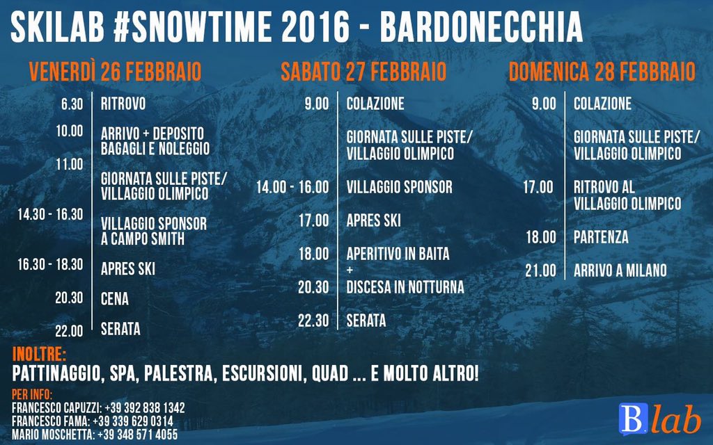 blabbocconi's tweet photo. Ecco a voi il programma consigliato per #SkiLab #Bardonecchia2016. Scarica l’img https://t.co/YDvulS6MpA @Unibocconi https://t.co/TDfk8vu0qx