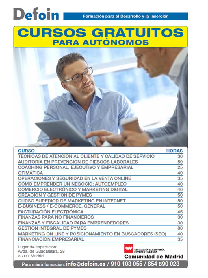 DefoinEspana's tweet photo. Cursos GRATIS #Autonomos Madrid info@defoin.es #PlazasLimitadas #Marzo2016 https://t.co/61qJjfyxJk