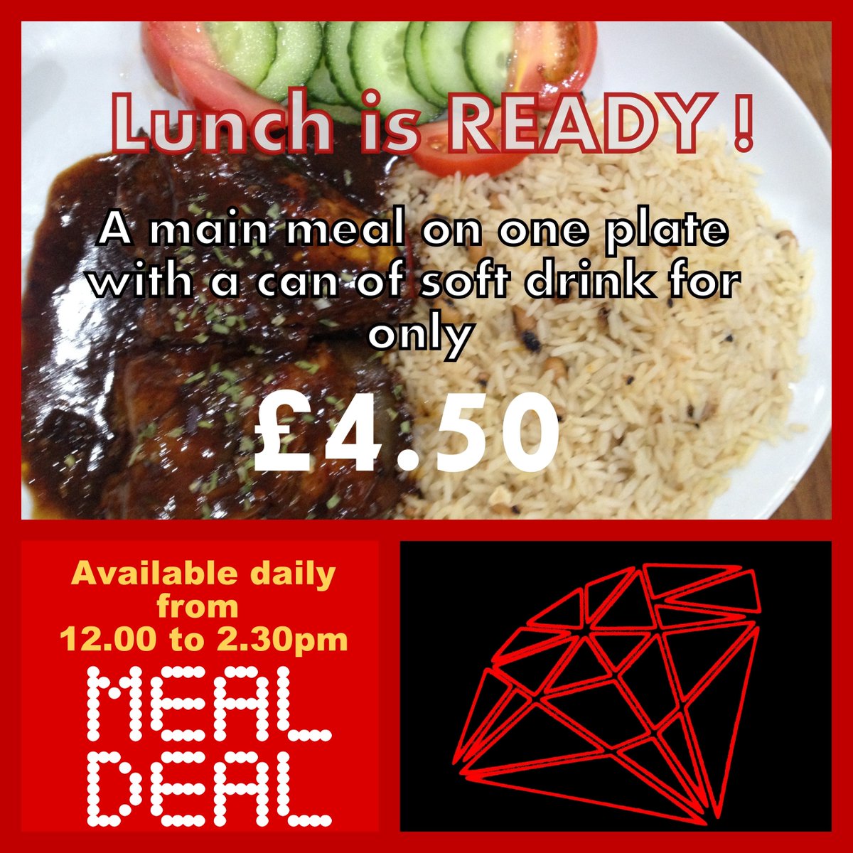 rubysluton's tweet photo. * LUNCH MEAL DEAL * Ruby's offers lunch from noon to 2.30 (Mon-Fri) for only £4.50 each with a soft drink 

#Luton https://t.co/TMgnRV3ULB