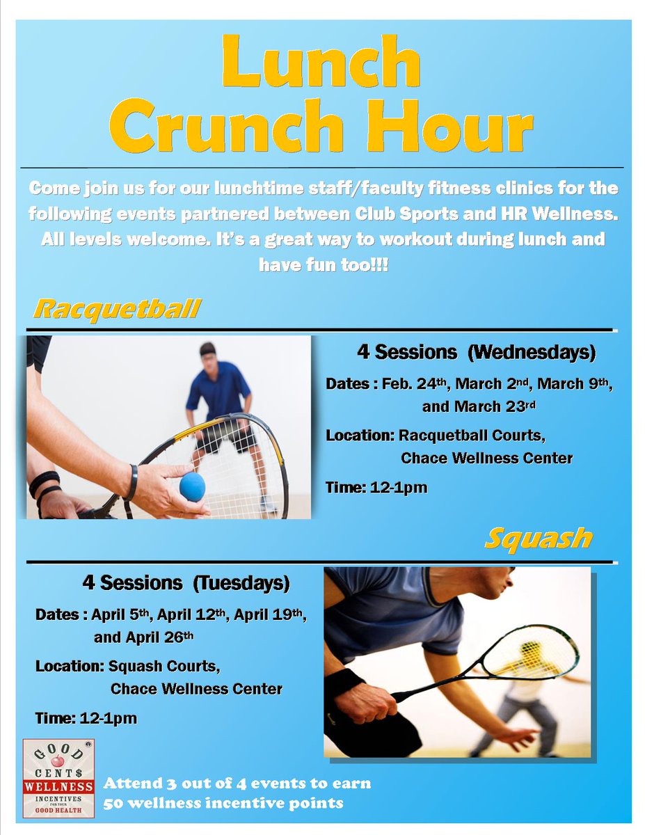 Join us and Bryant's Club Sports for the Lunch Crunch Hour. Open to all staff and faculty!! All levels welcome!!