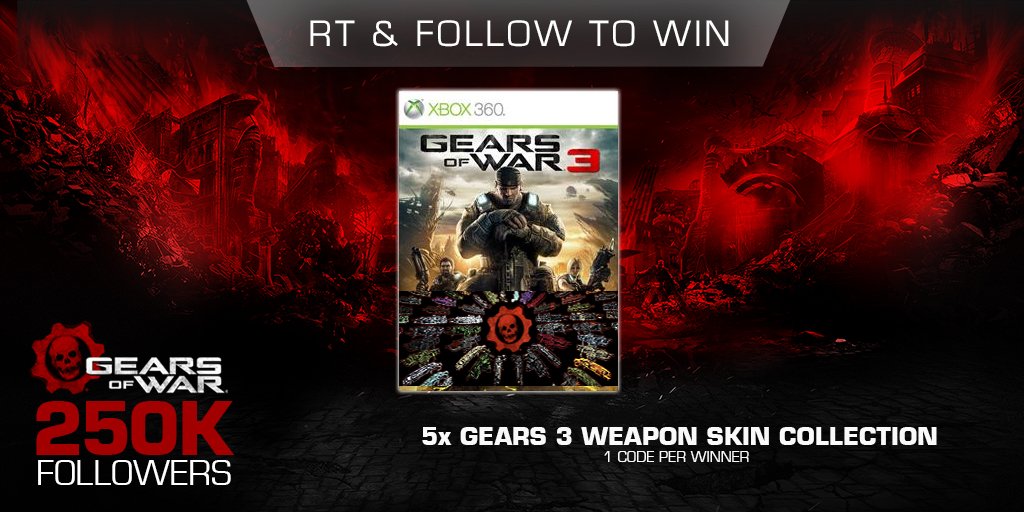 GearsofWar's tweet photo. Our sixth giveaway is for the Gears of War 3 Launch Weapon Skin Collection! RT &amp; Follow to enter. https://t.co/wkB3JhGyVm