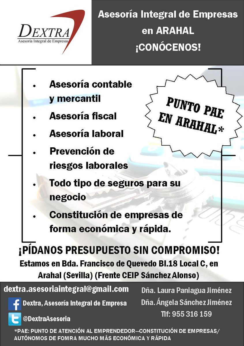 ASESORAMIENTO Y GESTIÓN INTEGRAL DE SU NEGOCIO - FISCAL - CONTABLE - LABORAL en #Arahal ¡Llámenos! #Dextra