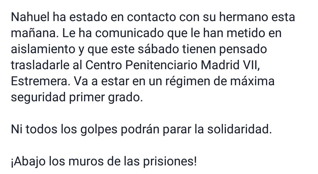 Nahuel_libertad's tweet photo. Nahuel será transladado este sábado a régimen de máxima seguridad, pedimos la máxima difusión. 

LE QUEREMOS LIBRE! https://t.co/p3bQ34ZpMo