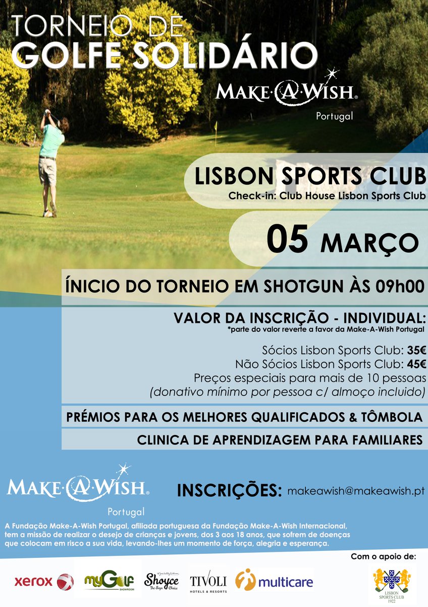 BuddyForSports's tweet image. Dia 5 de Março: Torneio de Golfe Solidário da Make-A-Wish Portugal.
Participem e joguem golfe por uma boa causa!