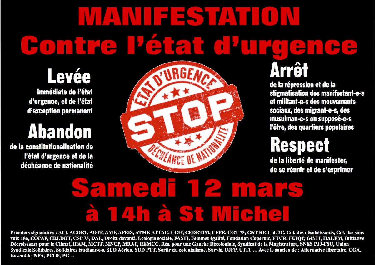 StopEtatUrgence's tweet photo. État d'urgence, déchéance de nationalité : c'est non! 
Samedi 12 mars, 14h, place St-Michel 
https://t.co/qPBiLUAAFX https://t.co/byme593cxi