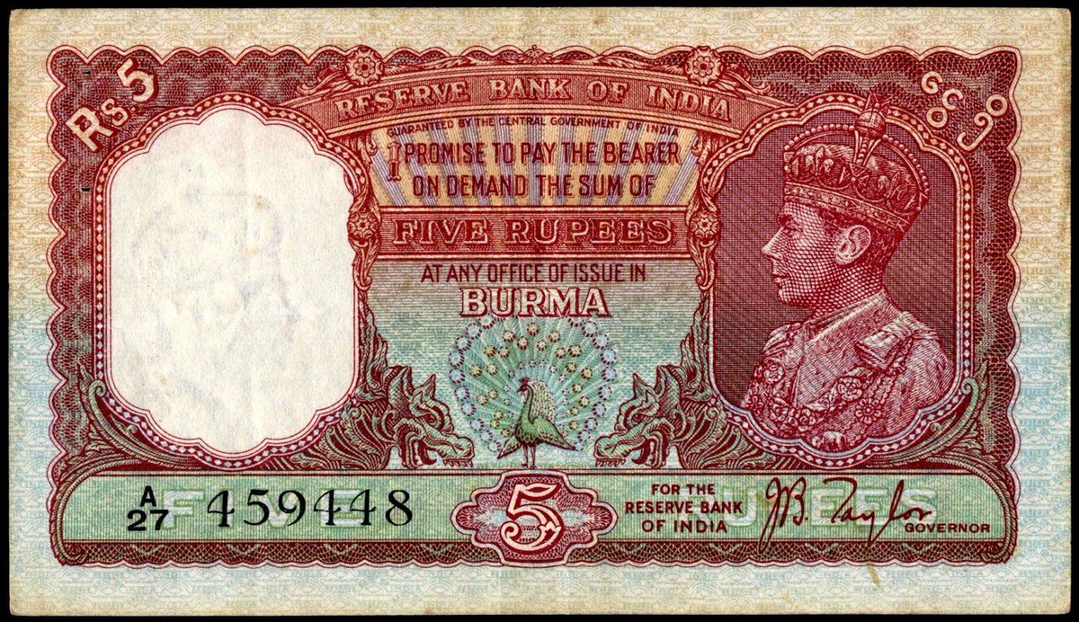 RareHistorical's tweet photo. 1938s:: Reserve Bank of India – 5 Rupees –  Banknote for Burma.
#IndianCurrency https://t.co/XNW05z0eir