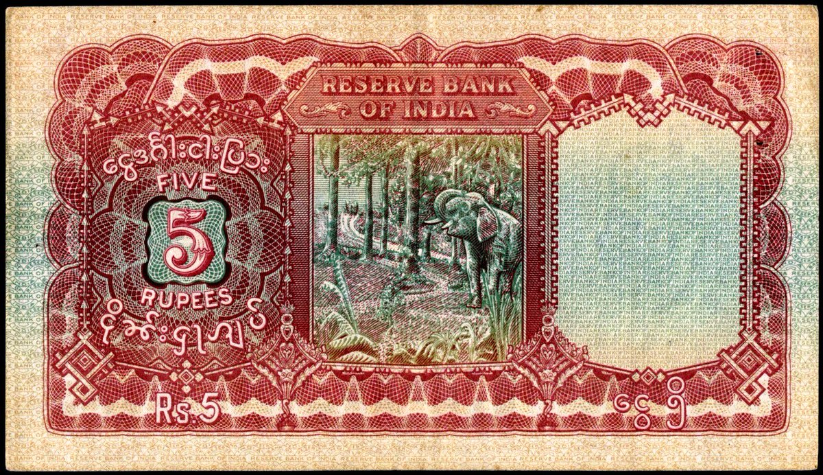 RareHistorical's tweet photo. 1938s:: Reserve Bank of India – 5 Rupees –  Banknote for Burma.
#IndianCurrency https://t.co/XNW05z0eir