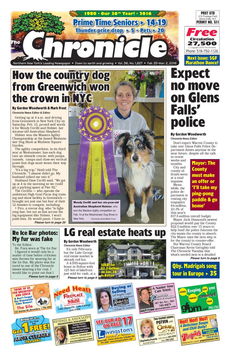 GFChronicle's tweet photo. It's Chronicle Thursday! Here's Holster, the Westminster agility champ; Prime Time Seniors, GF police dept., &amp; more! https://t.co/YPrG7iYJaH