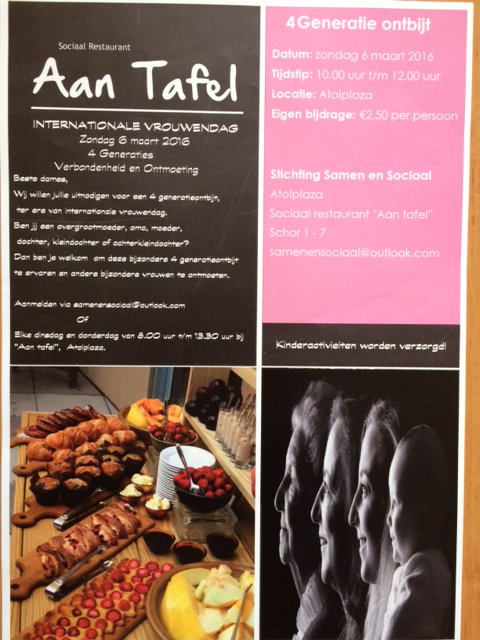 4 Generatie ontbijt door #AanTafel i.h.k.v. int. vrouwendag op zon. 6 mrt. van 10.00 uur in <a href="/MfaAtolplaza/">Atolplaza</a>