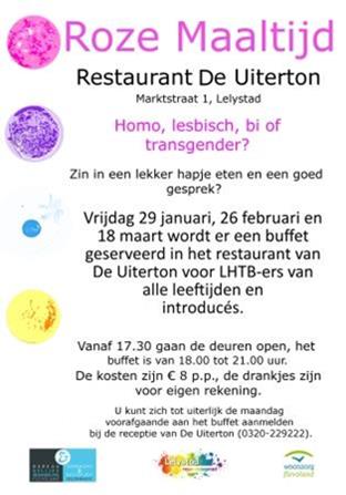 Morgenavond is het weer tijd voor de Roze Maaltijd in samenwerking met @BGBFlevoland. Vanaf 17.30 in De Uiterton.