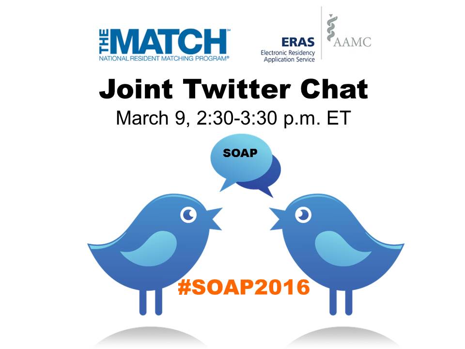 AAMCtoday's tweet image. SOAP questions? Join @ERASinfo + @TheNRMP for a joint chat Wed., March 9, 2:20-3:30pm ET using #SOAP2016. #match2016