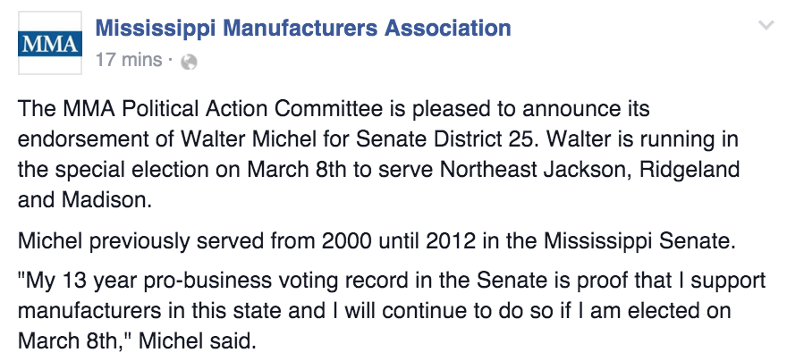 Thanks <a href="/MSManufacturers/">Mississippi Manufacturers Association</a> for your support! Read their endorsement of my campaign for MS Senate below. #msleg