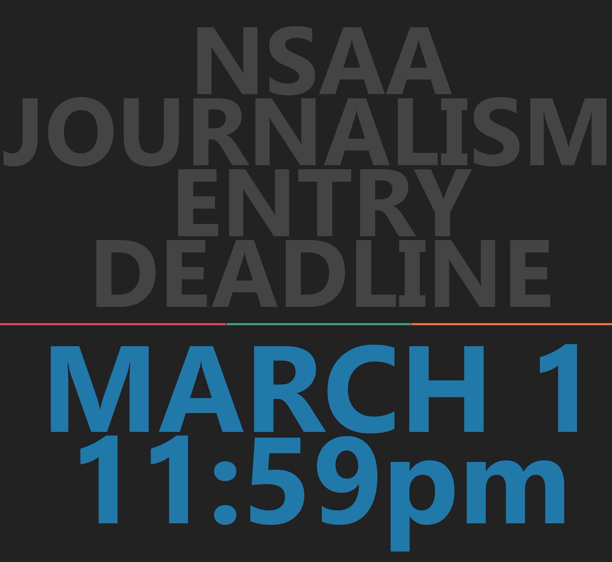 .<a href="/NSAAhome/">NSAA</a> State Journalism entries are due this Monday, March 1st at 11:59pm CST.   Don't forget!