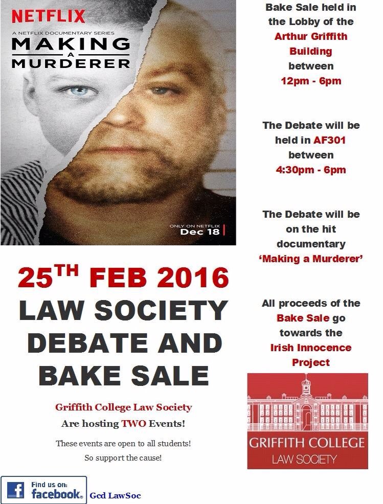 IrishInnocence's tweet photo. Don't miss @anne_driscoll judging the #MakingAMurderer debate today at 4:30pm in AF301 at @griffithcollege https://t.co/KCpQP1NR0G