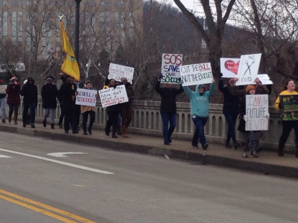 200 + Kentucky public college students heading up Capital Ave to protest proposed cuts. #marchforeducation