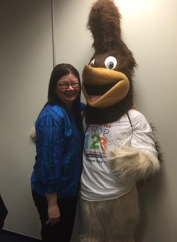 YesProp123's tweet photo. Rocky the Education Roadrunner chatting with Janice Palmer of 
@AzSBA this morning at the Senate Education Committee https://t.co/BCc6sZ4On0