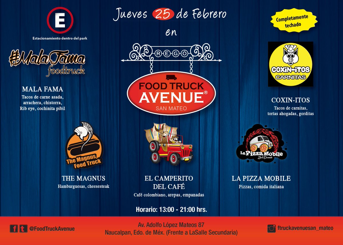 #FelizJueves hoy en <a href="/FoodTruckAvenue/">Food Truck Avenue</a> la alineación esta completísima y para todos los gustos. Horario 13:00-21:00