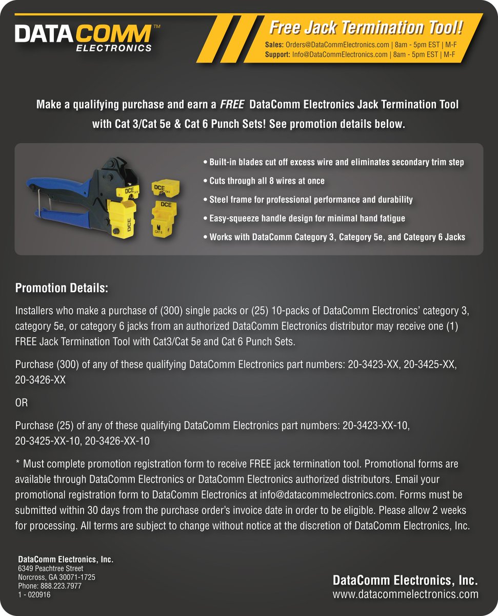 DataCommE's tweet image. FREE Jack Termination Tool with a qualifying purchase of Cat3/Cat5e/Cat6 jacks! Register: bit.ly/1Q5lLbh