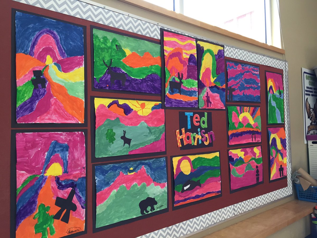 ckuhn26's tweet photo. Ted Harrison inspired #grade3 #yukon #landscapes @aberdeenhallPS https://t.co/TU4ux02sXG