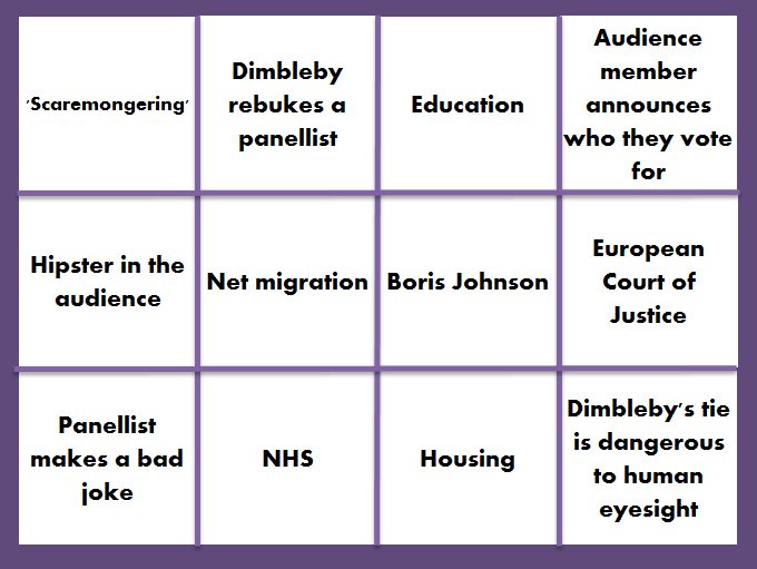 Okeating's tweet image. Here is tonight&apos;s #bbcqt bingo, based on an assumption that it&apos;s all about #eureform.
