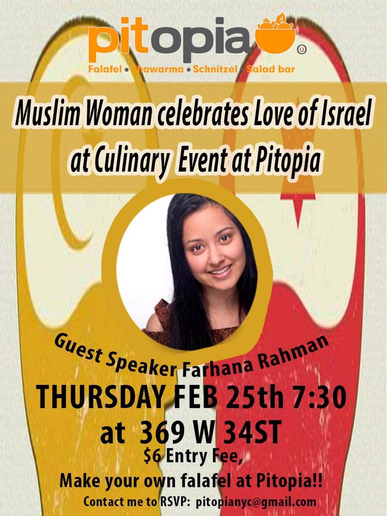 Pitopianyc's tweet photo. Join us for event tonight @Pitopianyc 369 W 34St w/ our speaker Muslim Zionist @FarhanaRahman #event #pitopia https://t.co/NNuA4pI4qR
