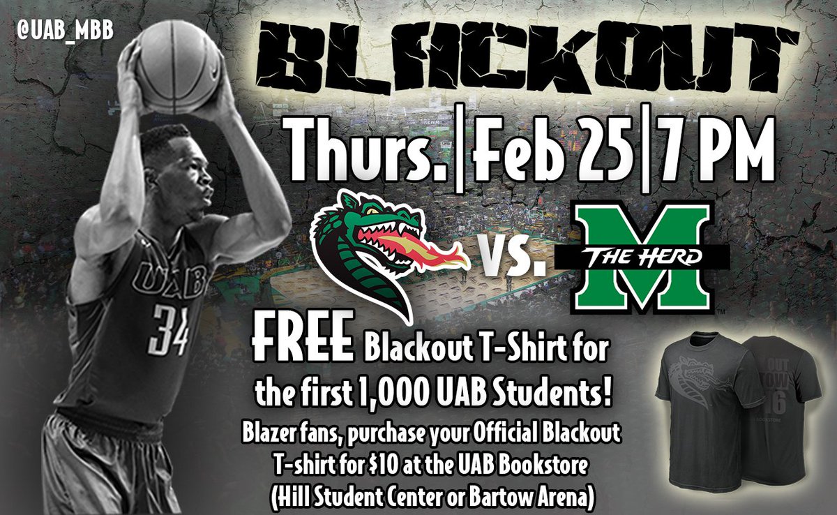 IT'S GAME DAY WITH <a href="/UAB_MBB/">UAB Men's Basketball</a>!! First place on the line tonight when the Blazers host Marshall at 7 pm. WEAR BLACK!!