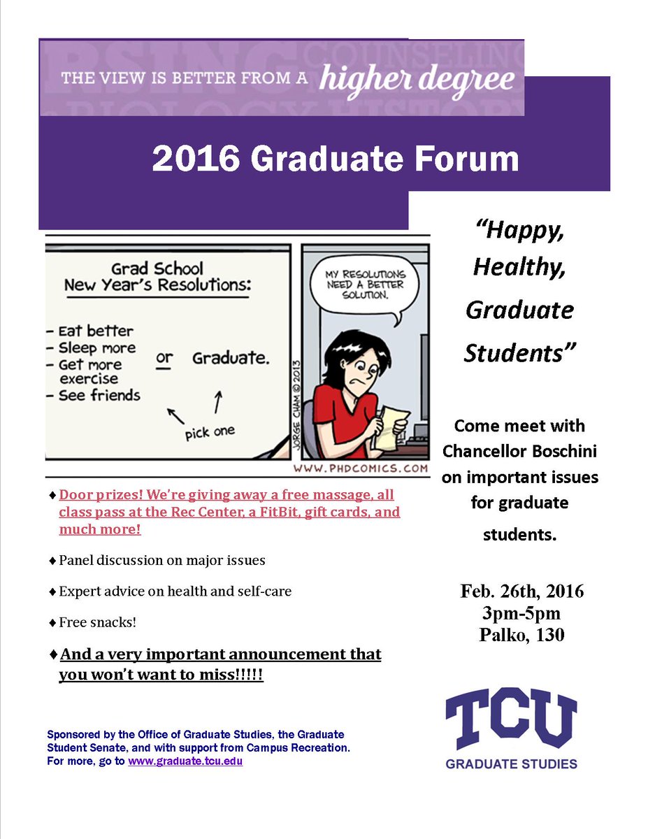 TcuGradStudies's tweet photo. We're looking for grad students to live tweet the forum #GradForum2016 Email Dr. Melhart for an extra shot @ prizes! https://t.co/8F7fQ8neuH