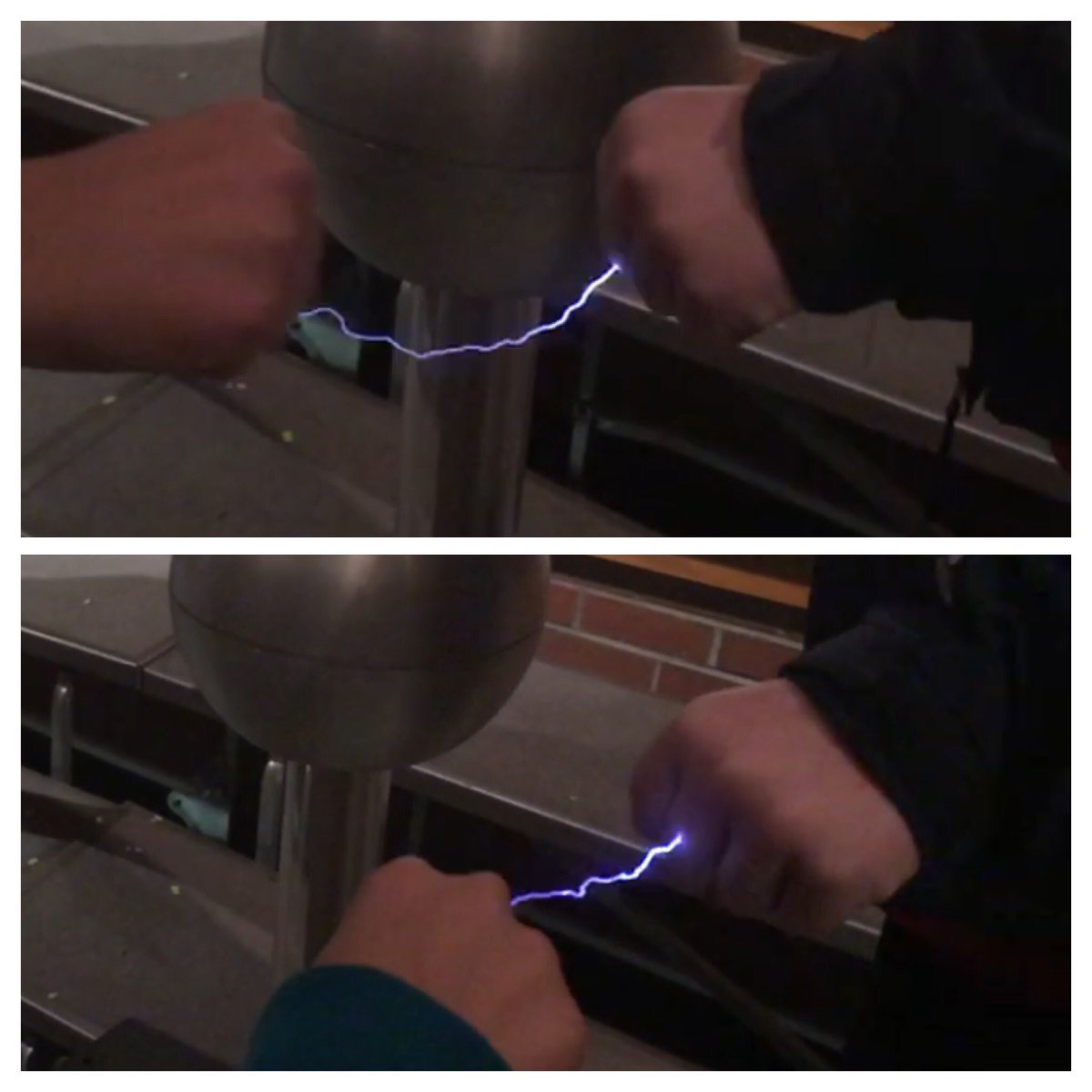 FWymanTech's tweet photo. Fist bumps and the Van de Graaff generator w @MrMusselman @PavlicekWendy #bpschat #scichat https://t.co/IsC7UUyLED