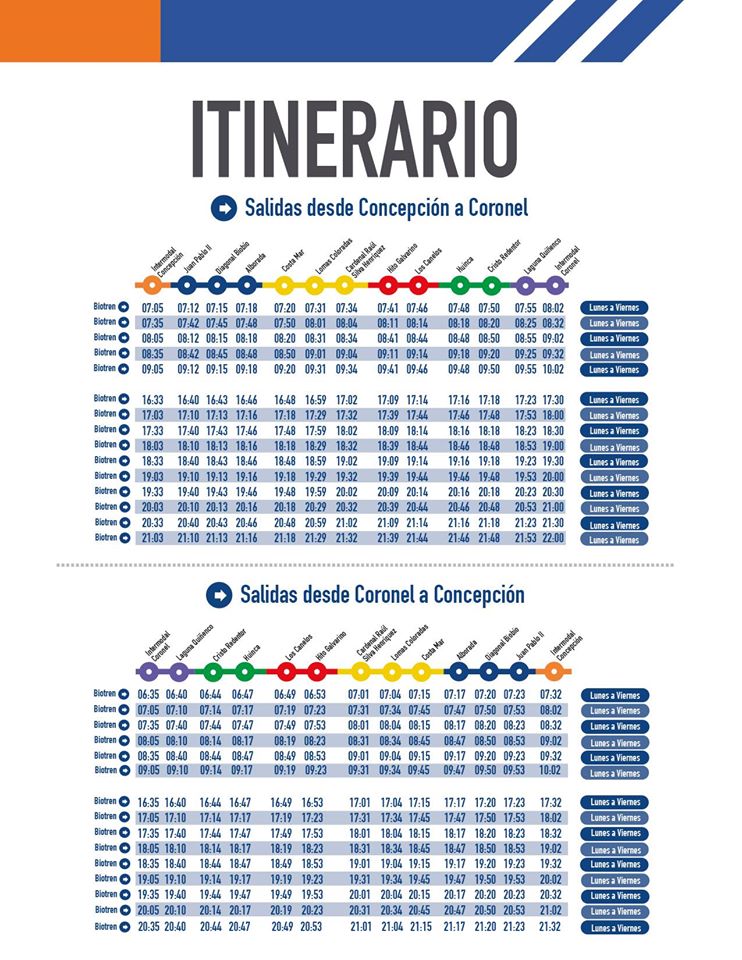 EFE_Biotren's tweet photo. DESDE EL LUNES 29 | Estos son los horarios del Biotrén desde y hacia Coronel. Recuerden planificar su viaje! https://t.co/5DTRVjATkF