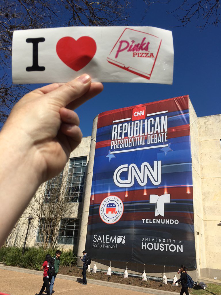 pinkspizza's tweet photo. The UH Campus is a buzz with CNN on site. We are hosting a watch party with Red White & Blue shot specials. #UHPinks https://t.co/Ls03AX1n0h
