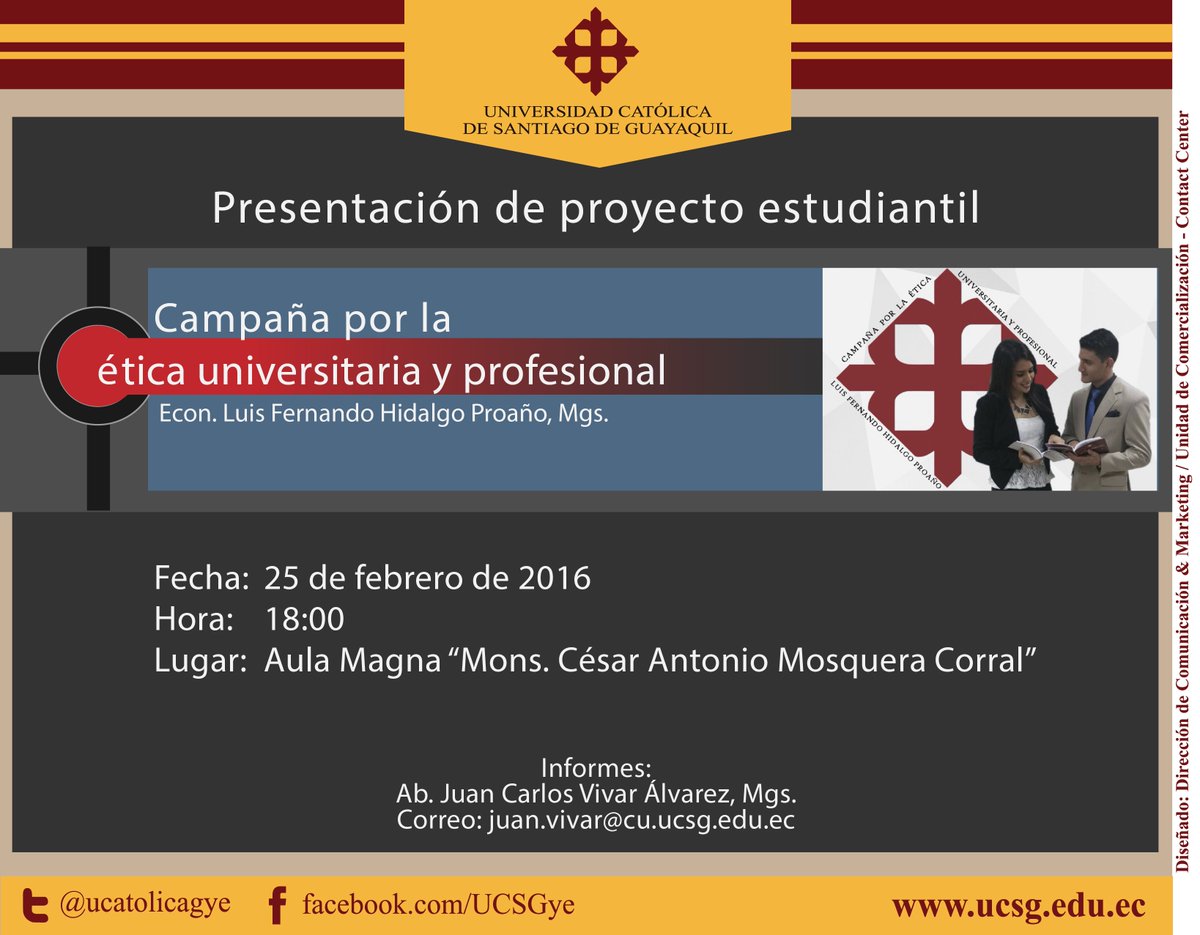 ucatolicagye's tweet photo. Hoy en la Aula Magna #UCSG se realizará el evento "Campaña por la ética universitaria y profesional" a las 18:00 https://t.co/SIXwl68JXr