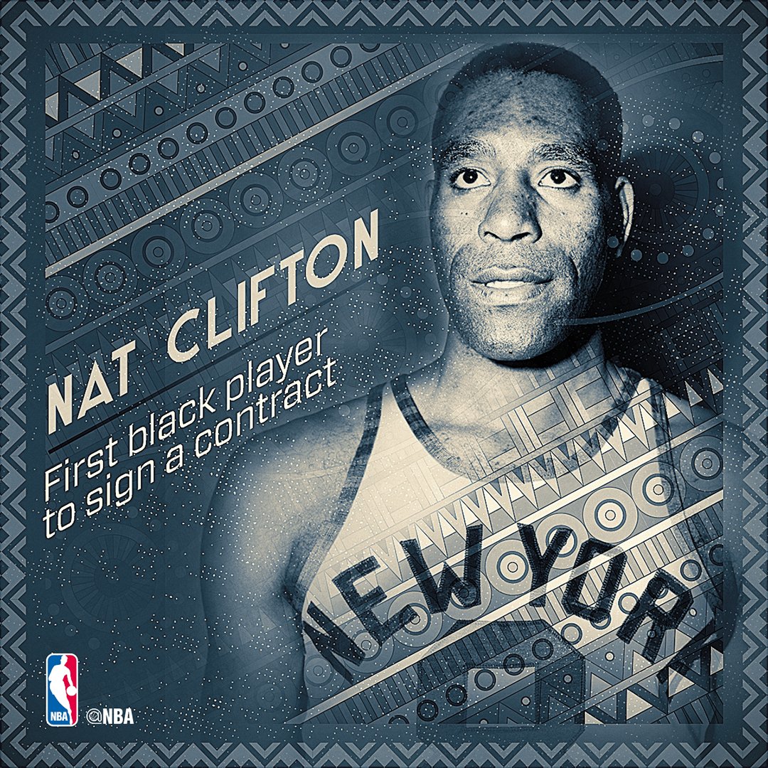 NBA's tweet photo. NBA's color line broken - Nat "Sweetwater" Clifton, first black player to sign: https://t.co/rMlCh5woSn #NBABHM https://t.co/mADejKwDIK