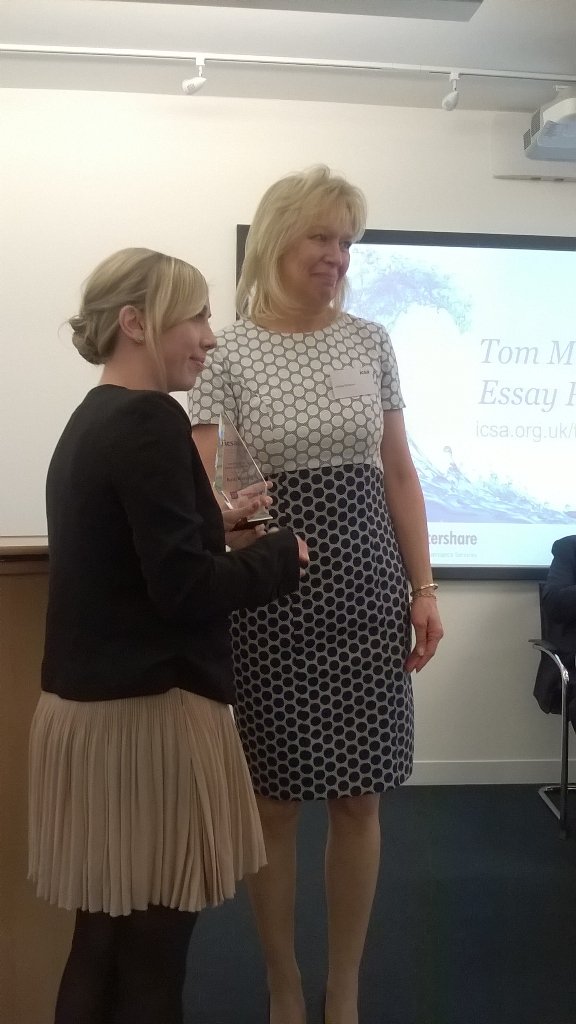 CGIUKI's tweet photo. Ruth Keating, winner of inaugural Tom Morrison Essay Prize accepting her trophy from Lindsay Morrison https://t.co/oebdgnvq2O