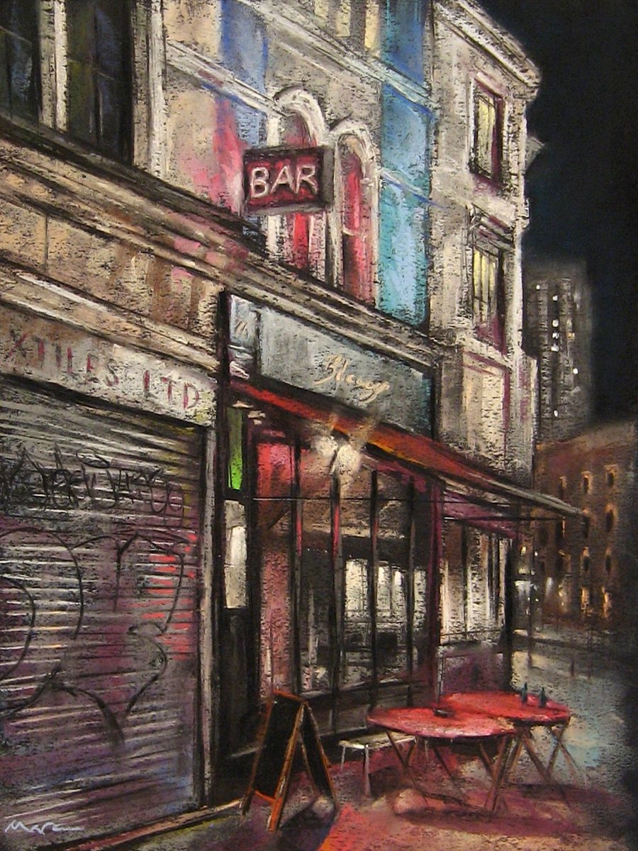 MGooderham's tweet photo. Here's a recent drawing - 'Into The Night'. Pastel on paper. @BlessingsBarE1 #CommercialStreet #Spitalfields https://t.co/0328ZJLTLM