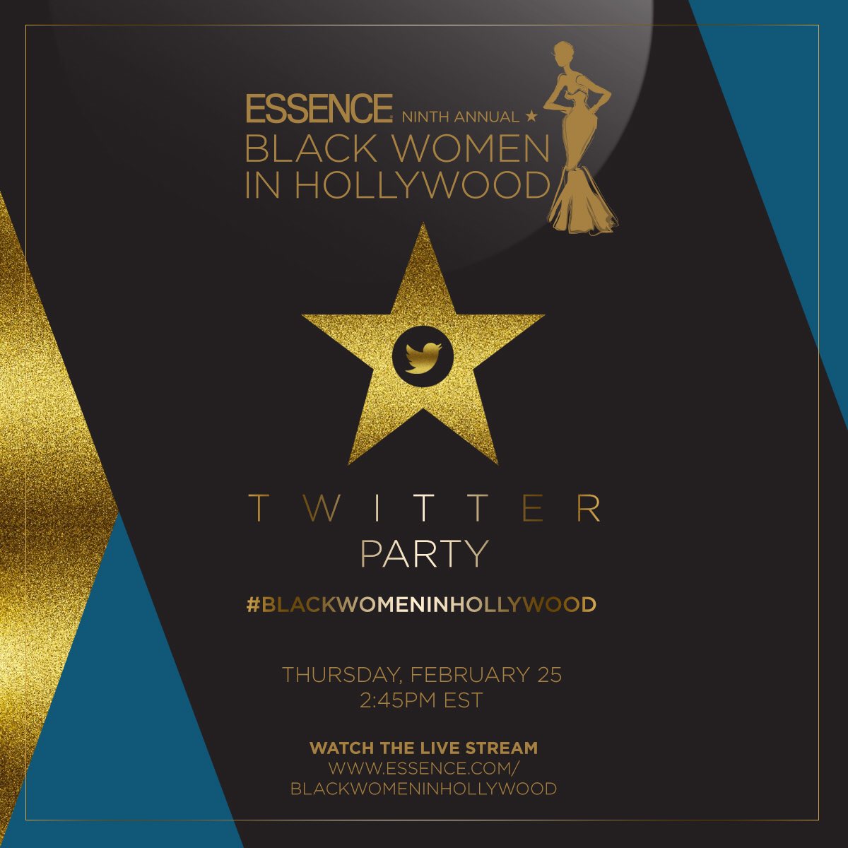 Essence's tweet image. 3 minutes until our #BlackWomenInHollywood Twitter Party Begins! 🎉 Watch the live stream with us at 2:45 EST!