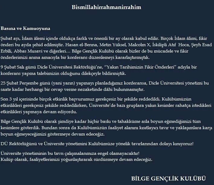 hur_nida's tweet photo. Bilgegençliğn progrmna izin vermyen Dicle ün. Rektörlüğün kınıyor ve kardşlrimzin kararlı duruşlarını tebrik edyrz. https://t.co/yp5FOjPCec