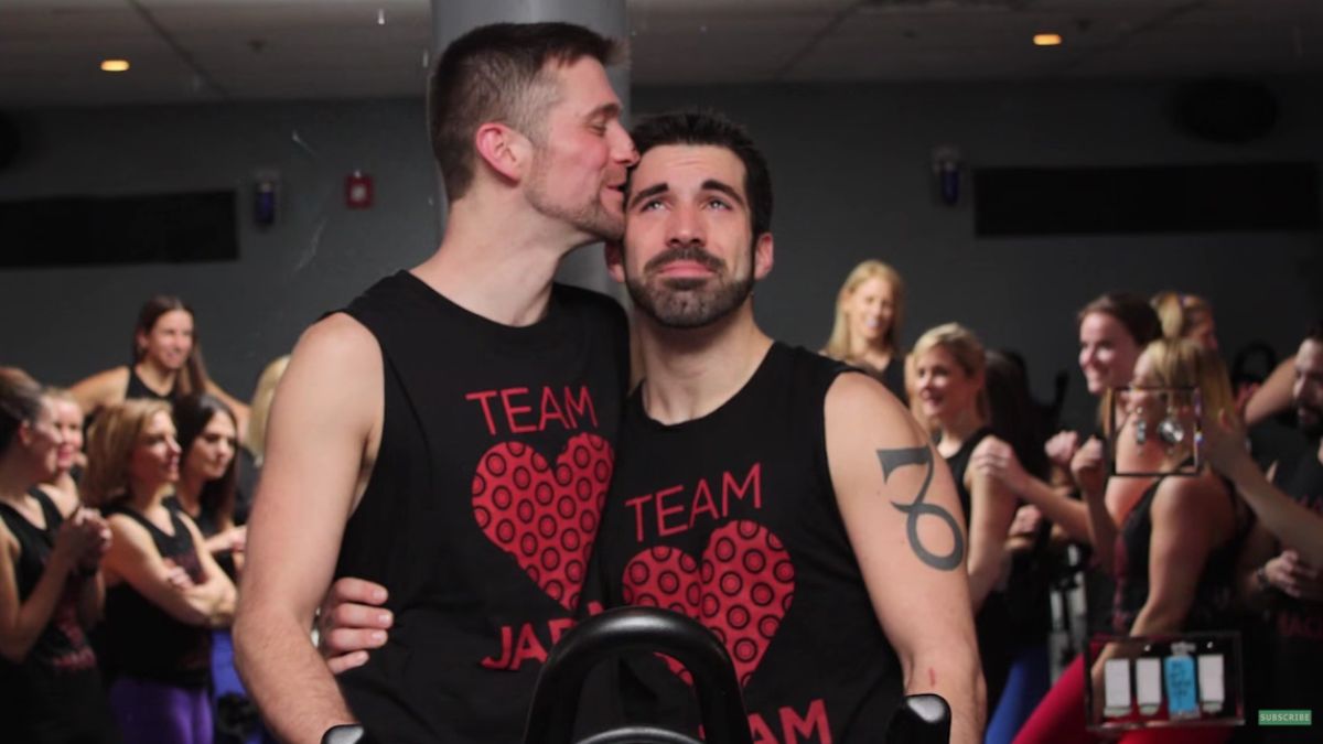 LogoTV's tweet photo. See the moment this spin instructor realizes his class is actually a flash mob proposal: https://t.co/KVJ5jNVbje https://t.co/Y5IH15sLGF
