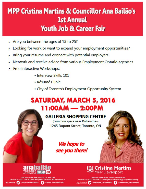 anabailaoTO's tweet image. .@CMartinsMPP &amp;amp; I are hosting a Youth Job Fair on Saturday March 5 from 11am to 2pm at the Galleria Mall! #Ward18