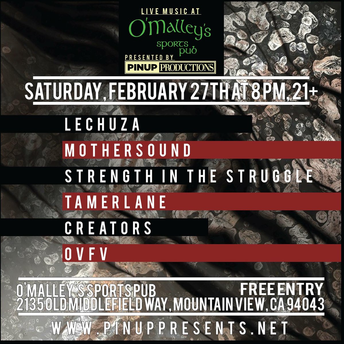 SATURDAY @ O'Malleys <a href="/MothersoundLA/">Mothersound</a> <a href="/strngthstrgglca/">strengthstruggleca</a> #Lechuza <a href="/ThisIsTamerlane/">Tamerlane</a> #Creators #HoundsOfInnsmouth 8pm 21+