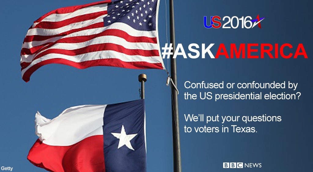BBCWorld's tweet photo. There's a lot to be confused about in this US election
What are your questions? #AskAmerica
https://t.co/h5ajIBCvOz https://t.co/SBbw9Wvuoq