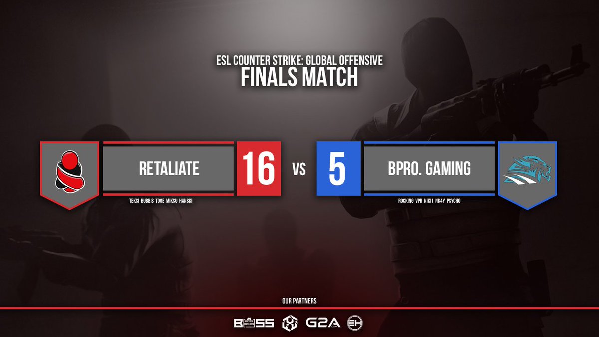 RetaliateGG's tweet photo. [#CSGO] We take down @Bpro_gaming in the Final of the @ESL Online Cup.

https://t.co/DYoi7Zycx9

#TeamRetaliate https://t.co/SsEJQOmo94