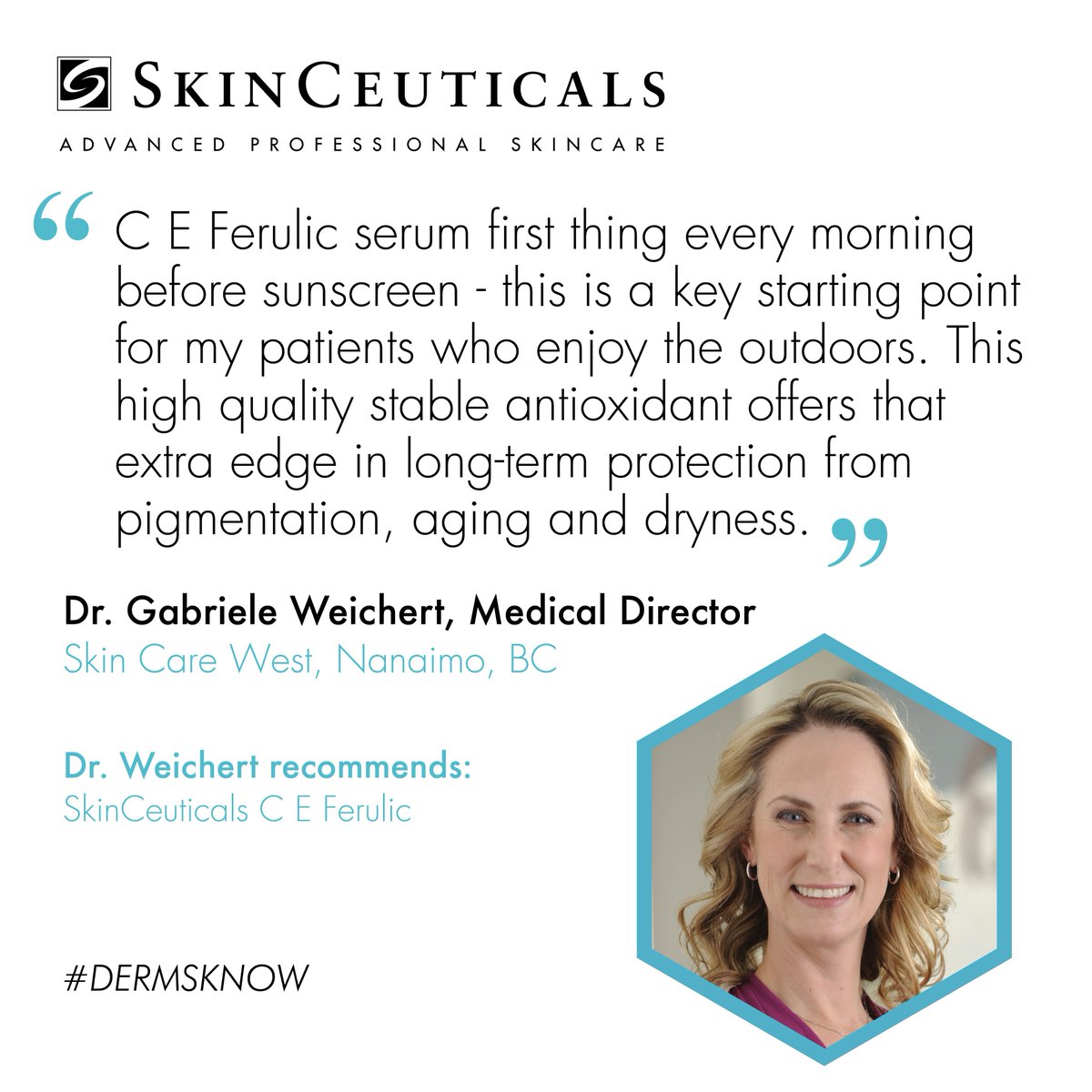 SkinCeuticalsCa's tweet photo. #DERMSKNOW: Dr. Gabriele Weichert of @skincarewest in Nanaimo, BC shares her top skin tip ft. #SkinCeuticals. https://t.co/cVYxt47EIp